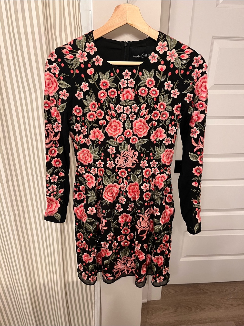 Needle & Thread Black Dress with Pink Floral Embroidery - Long Sleeve